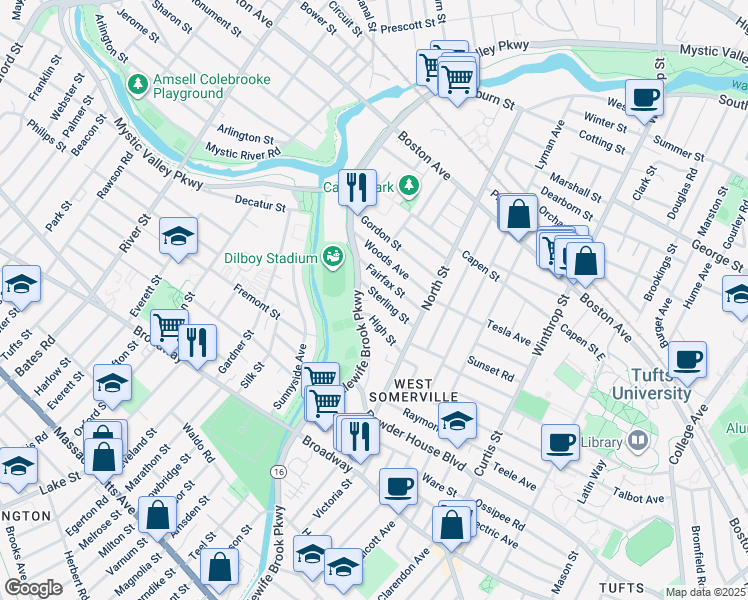 map of restaurants, bars, coffee shops, grocery stores, and more near 44 Sterling Street in Somerville