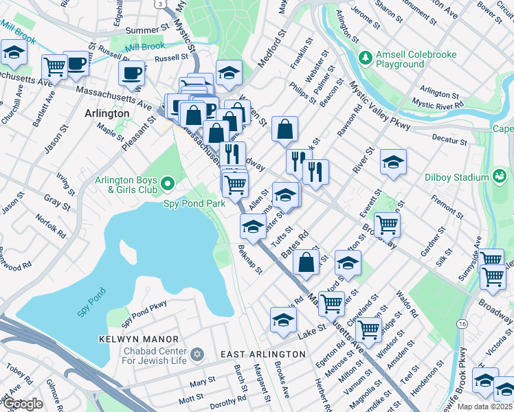 map of restaurants, bars, coffee shops, grocery stores, and more near 28 Adams Street in Arlington