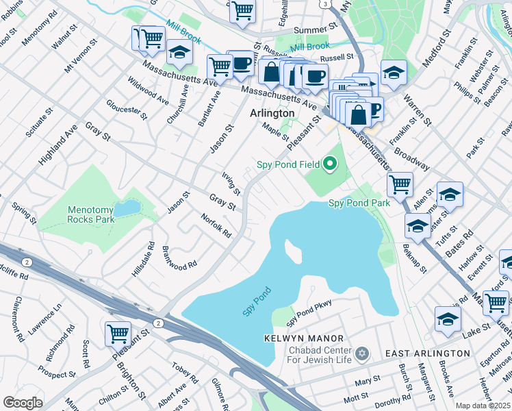 map of restaurants, bars, coffee shops, grocery stores, and more near 17 Lakeview Street in Arlington