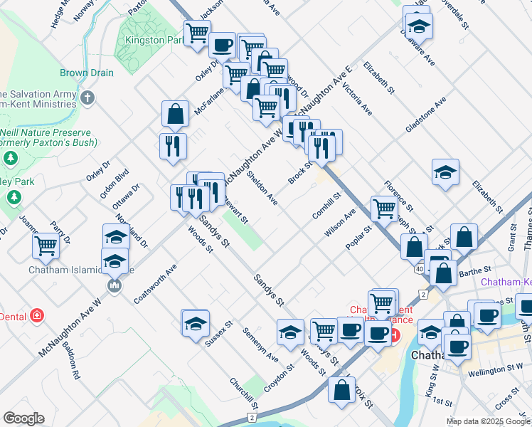 map of restaurants, bars, coffee shops, grocery stores, and more near 15 Diane Road in Chatham