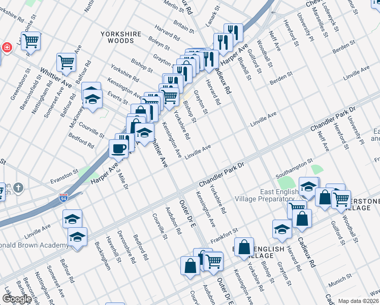map of restaurants, bars, coffee shops, grocery stores, and more near 5920 Kensington Avenue in Detroit
