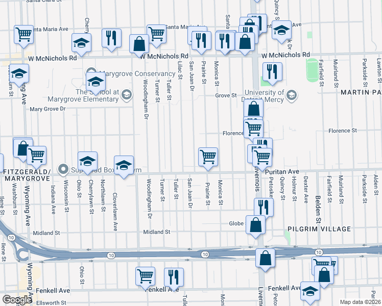 map of restaurants, bars, coffee shops, grocery stores, and more near 16176 Lilac Street in Detroit