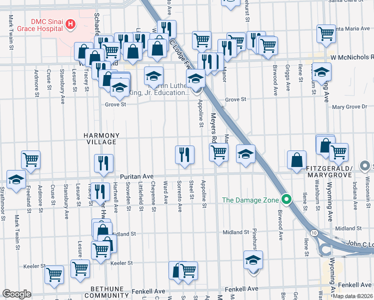 map of restaurants, bars, coffee shops, grocery stores, and more near 16197 Steel Street in Detroit