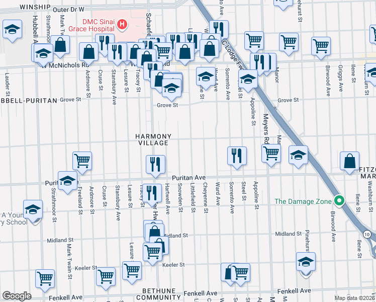 map of restaurants, bars, coffee shops, grocery stores, and more near 16209 Littlefield Street in Detroit