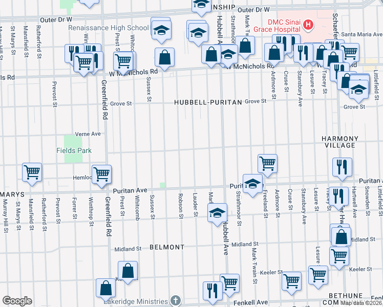 map of restaurants, bars, coffee shops, grocery stores, and more near 16242 Lauder Street in Detroit