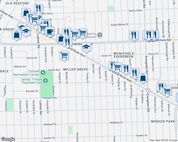 map of restaurants, bars, coffee shops, grocery stores, and more near 16608 Trinity Street in Detroit