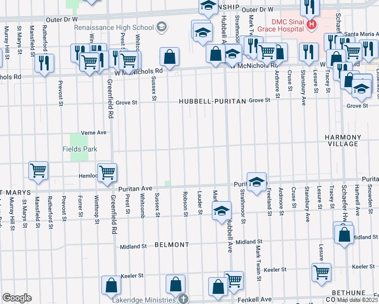 map of restaurants, bars, coffee shops, grocery stores, and more near 16248 Robson Street in Detroit