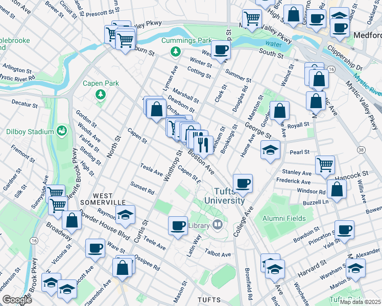 map of restaurants, bars, coffee shops, grocery stores, and more near 349 Boston Avenue in Medford