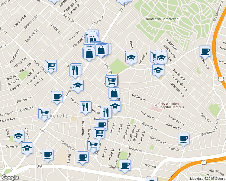 map of restaurants, bars, coffee shops, grocery stores, and more near 206 Ferry St in Everett