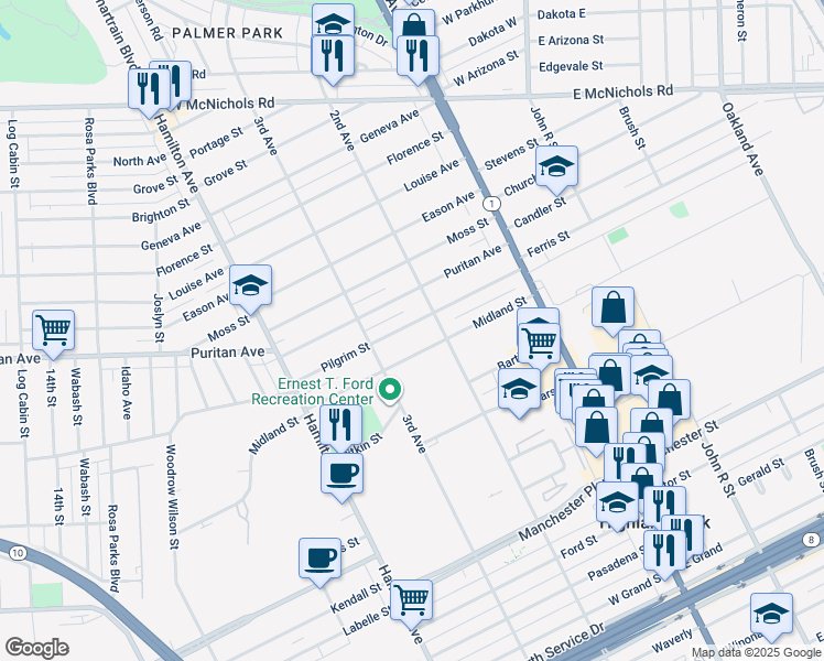map of restaurants, bars, coffee shops, grocery stores, and more near 131 Pilgrim Street in Highland Park