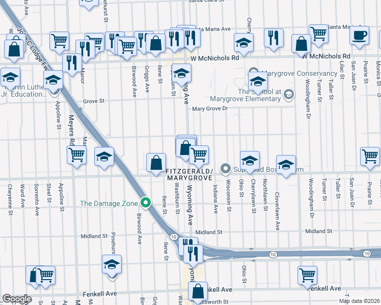 map of restaurants, bars, coffee shops, grocery stores, and more near 16192 Wyoming Avenue in Detroit