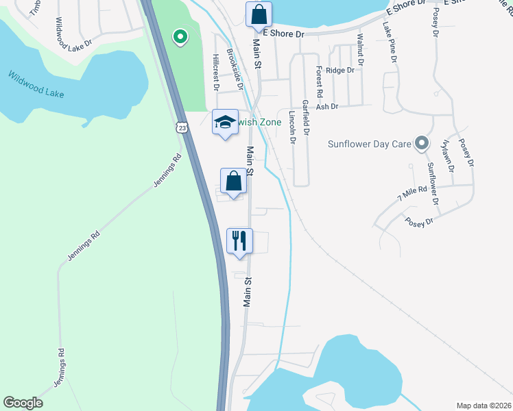 map of restaurants, bars, coffee shops, grocery stores, and more near 17 Anna Drive in Whitmore Lake