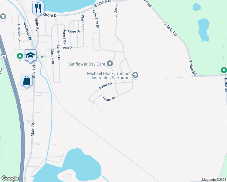 map of restaurants, bars, coffee shops, grocery stores, and more near 8943 Sunflower Drive in Whitmore Lake