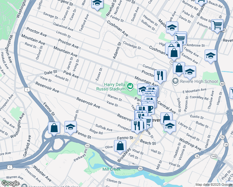 map of restaurants, bars, coffee shops, grocery stores, and more near 178 Park Avenue in Revere