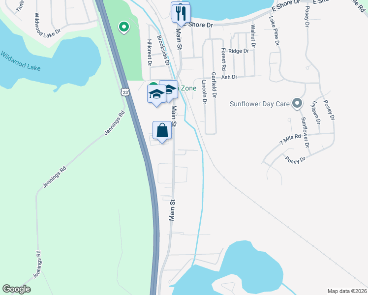 map of restaurants, bars, coffee shops, grocery stores, and more near 17 Anna Drive in Whitmore Lake