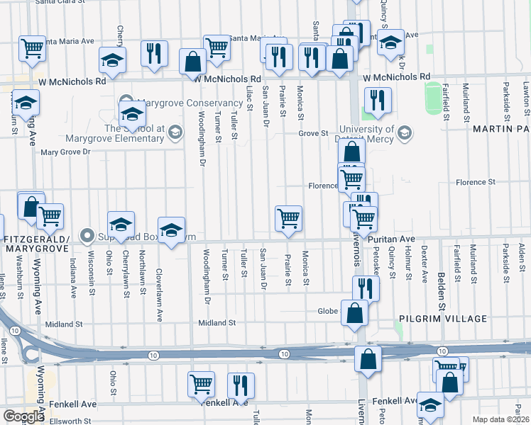 map of restaurants, bars, coffee shops, grocery stores, and more near 16176 Lilac Street in Detroit