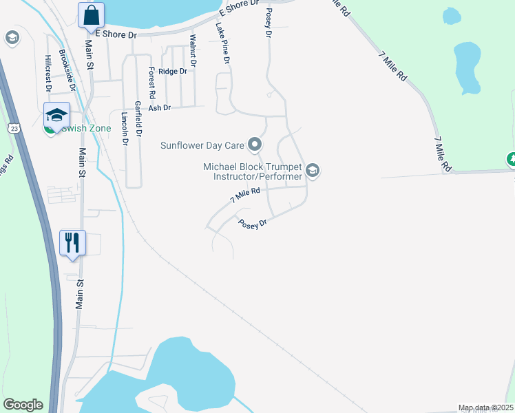 map of restaurants, bars, coffee shops, grocery stores, and more near 8943 Sunflower Drive in Whitmore Lake