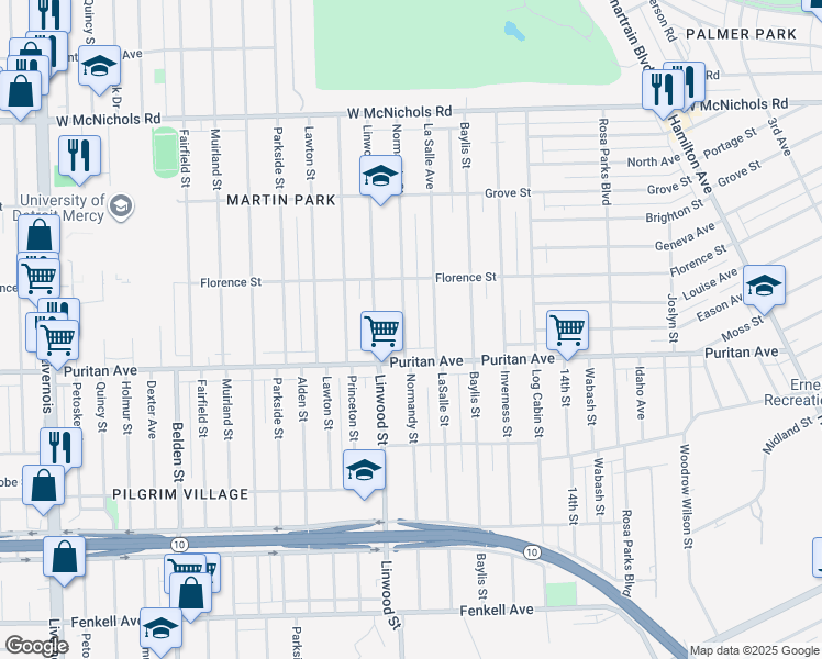 map of restaurants, bars, coffee shops, grocery stores, and more near 16162 Normandy Street in Detroit