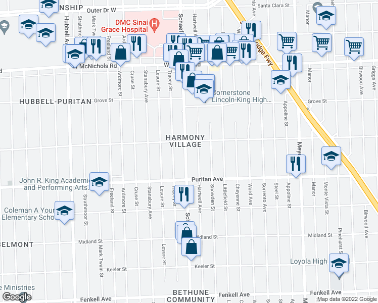 map of restaurants, bars, coffee shops, grocery stores, and more near 16222 Schaefer Highway in Detroit
