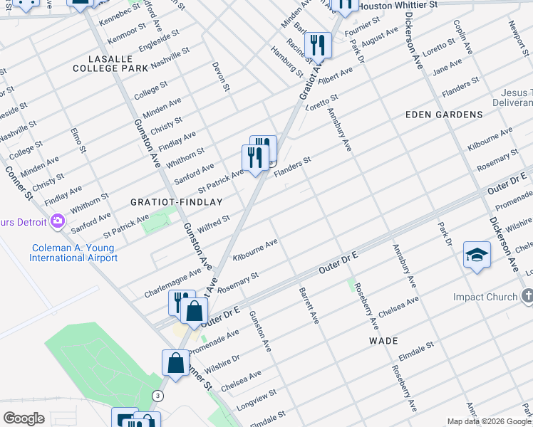 map of restaurants, bars, coffee shops, grocery stores, and more near 11919 Glenfield Avenue in Detroit