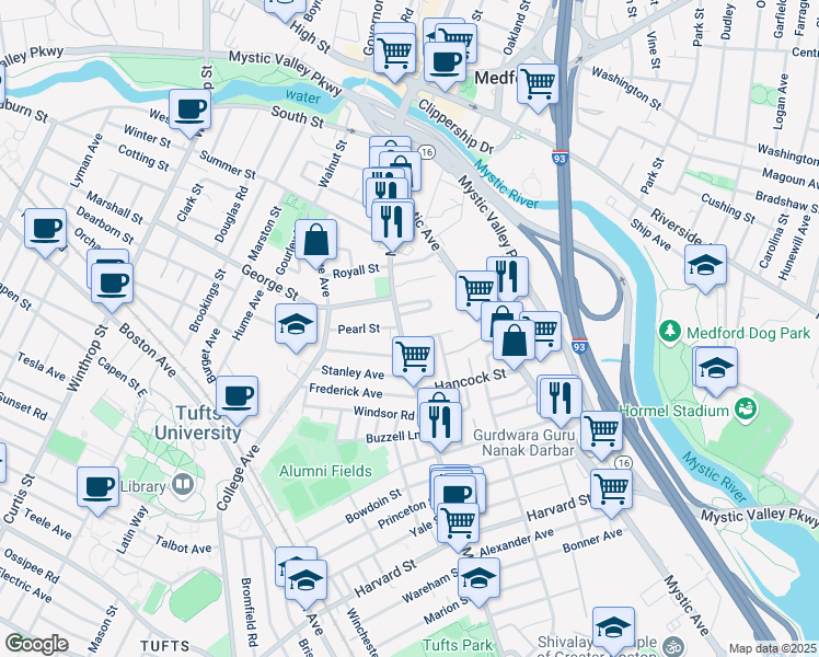 map of restaurants, bars, coffee shops, grocery stores, and more near 229 Main Street in Medford