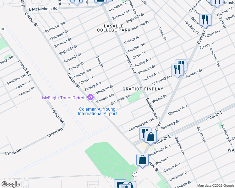 map of restaurants, bars, coffee shops, grocery stores, and more near 11410 Sanford Avenue in Detroit