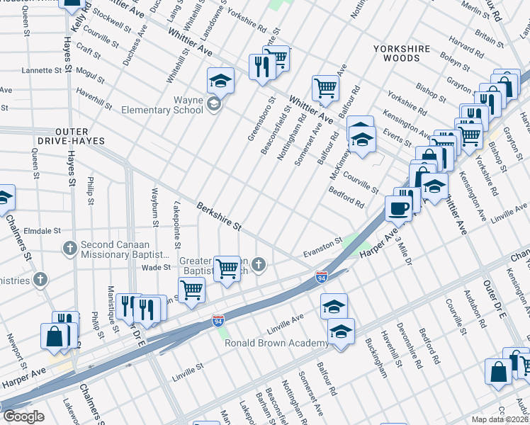 map of restaurants, bars, coffee shops, grocery stores, and more near 9761 Somerset Avenue in Detroit