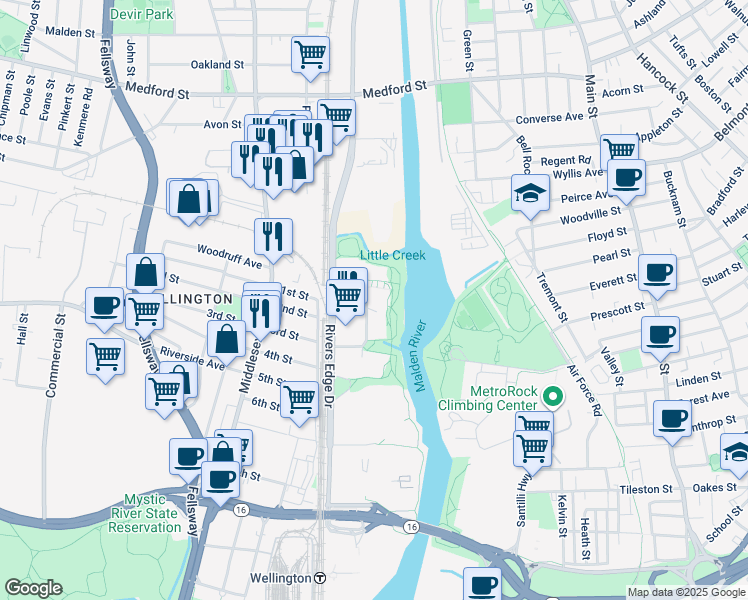 map of restaurants, bars, coffee shops, grocery stores, and more near 400 Rivers Edge Drive in Medford