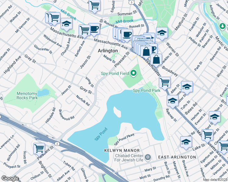 map of restaurants, bars, coffee shops, grocery stores, and more near 45 Hopkins Road in Arlington