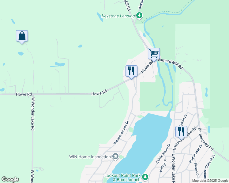 map of restaurants, bars, coffee shops, grocery stores, and more near 7707 Howe Road in Wonder Lake