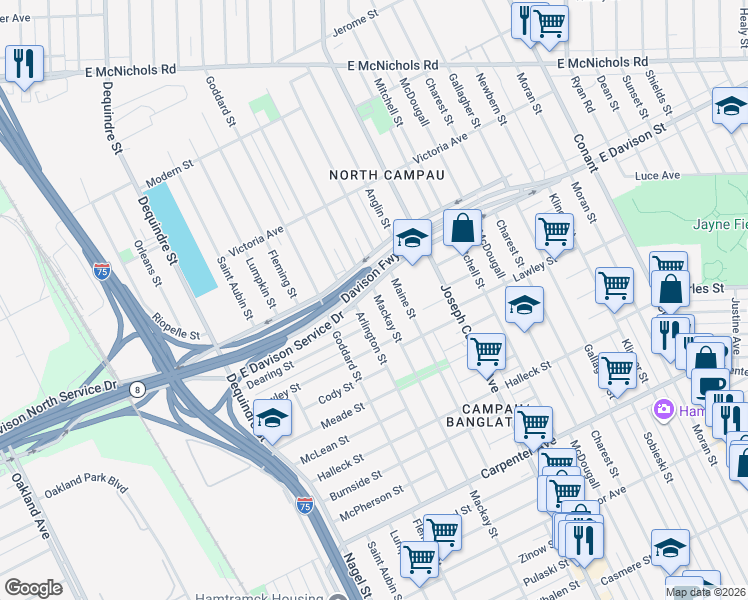 map of restaurants, bars, coffee shops, grocery stores, and more near 2156 East Davison Street in Detroit