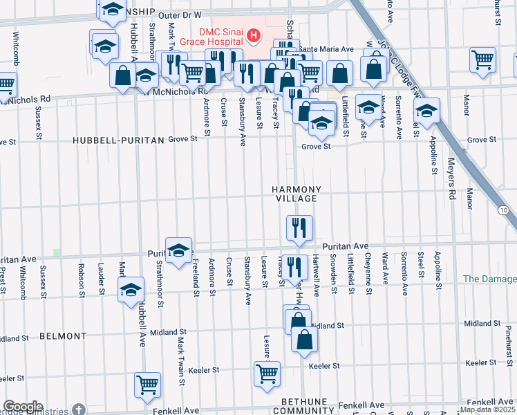 map of restaurants, bars, coffee shops, grocery stores, and more near 16227 Lesure Street in Detroit
