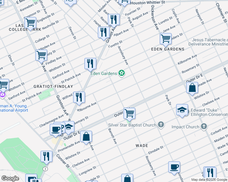 map of restaurants, bars, coffee shops, grocery stores, and more near 12147 Kilbourne Avenue in Detroit