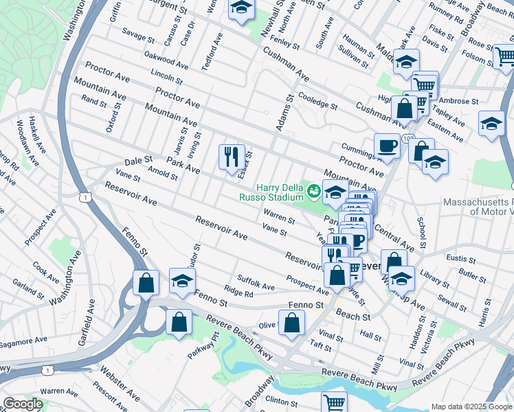 map of restaurants, bars, coffee shops, grocery stores, and more near 100 Warren Street in Revere