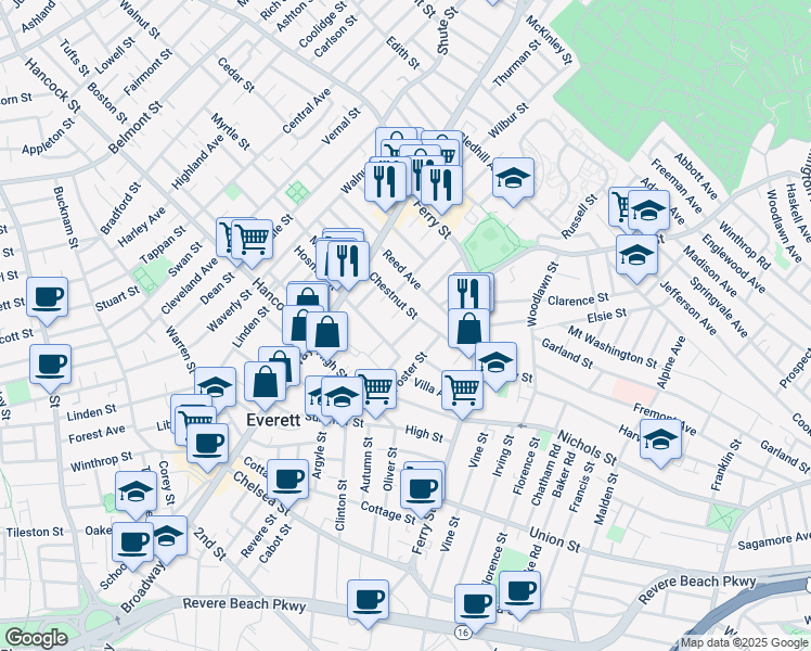 map of restaurants, bars, coffee shops, grocery stores, and more near 50 Lexington Street in Everett