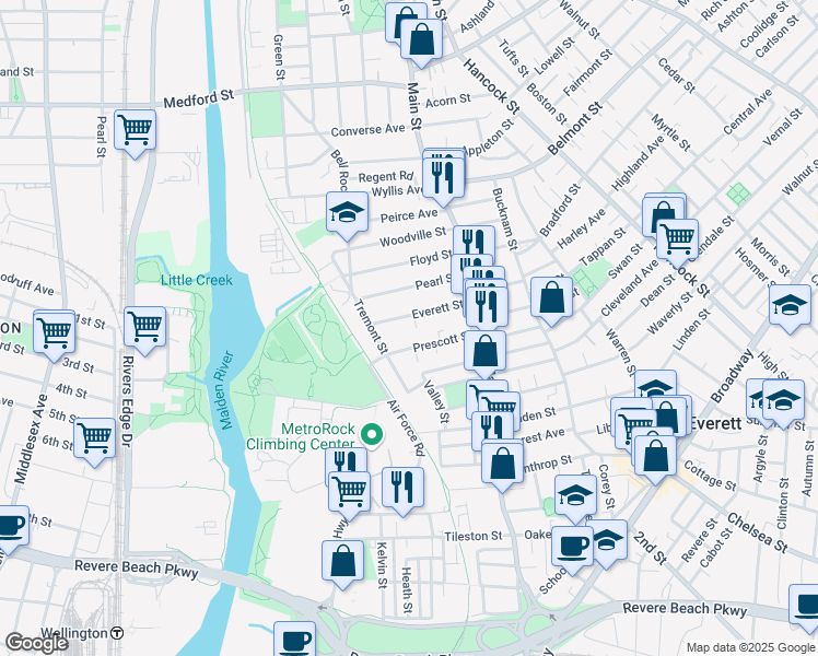 map of restaurants, bars, coffee shops, grocery stores, and more near 57 Prescott Street in Everett