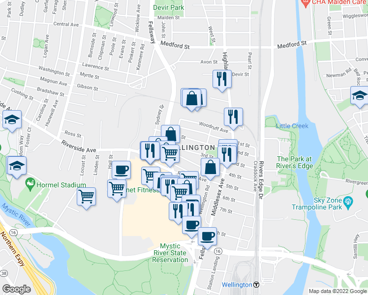 map of restaurants, bars, coffee shops, grocery stores, and more near in Medford