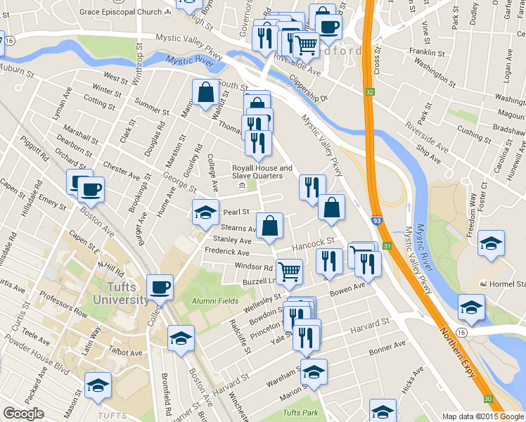 map of restaurants, bars, coffee shops, grocery stores, and more near 229 Main Street in Medford