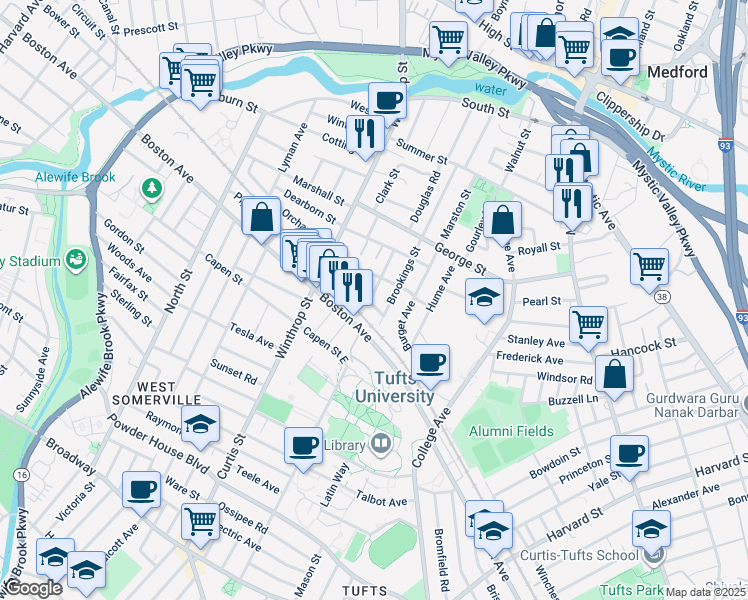 map of restaurants, bars, coffee shops, grocery stores, and more near 67 Charnwood Road in Medford