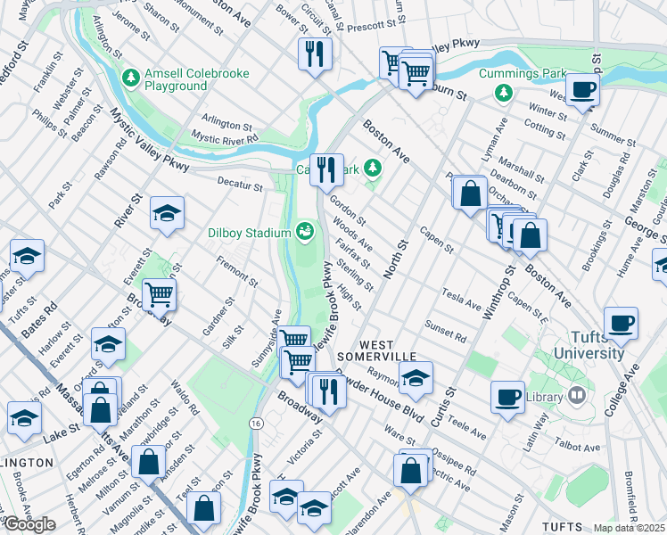 map of restaurants, bars, coffee shops, grocery stores, and more near 44 Sterling Street in Somerville