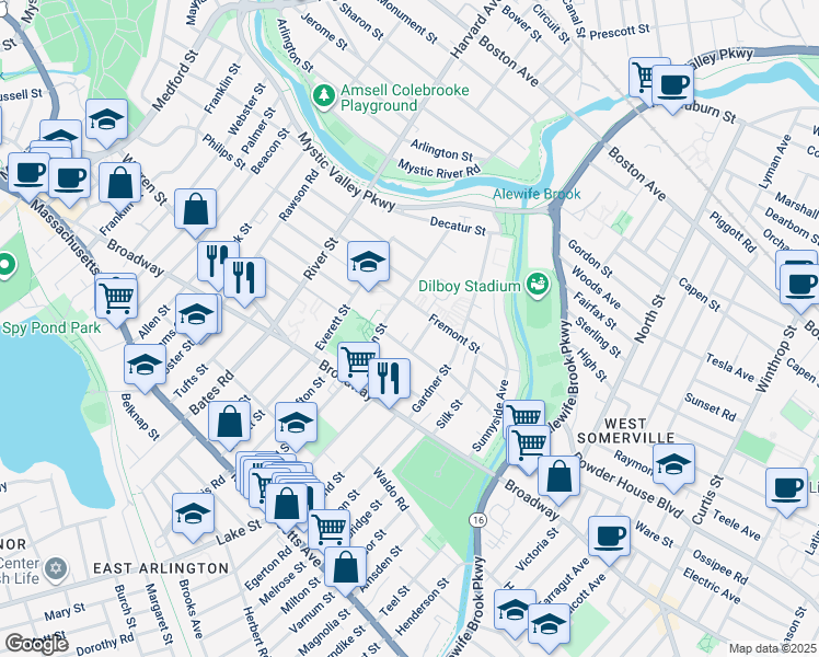 map of restaurants, bars, coffee shops, grocery stores, and more near 47 Norcross Street in Arlington