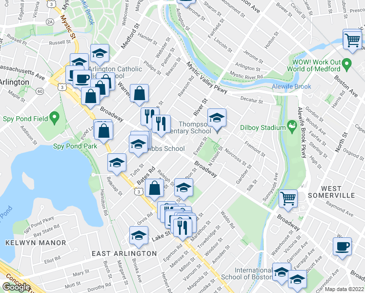 map of restaurants, bars, coffee shops, grocery stores, and more near 5 Warren Street in Arlington