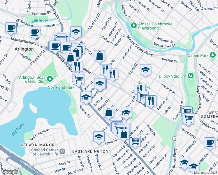 map of restaurants, bars, coffee shops, grocery stores, and more near 75 Tufts Street in Arlington