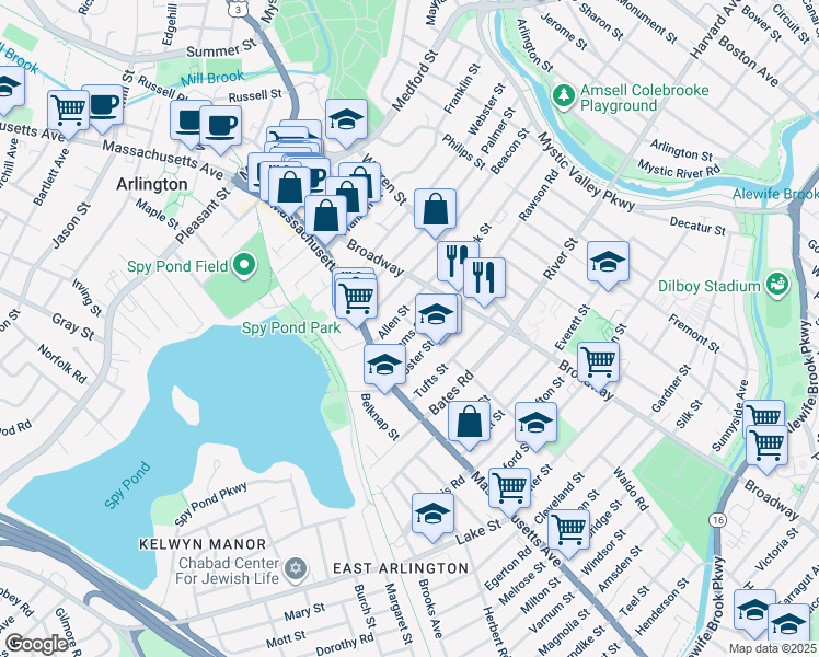 map of restaurants, bars, coffee shops, grocery stores, and more near 28 Adams Street in Arlington