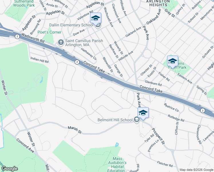 map of restaurants, bars, coffee shops, grocery stores, and more near 23 Cumberland Road in Belmont
