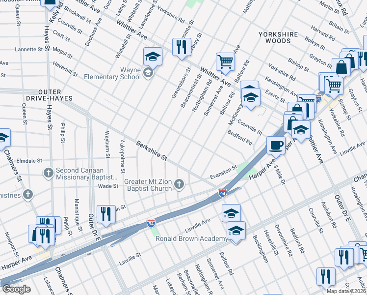 map of restaurants, bars, coffee shops, grocery stores, and more near 9761 Somerset Avenue in Detroit