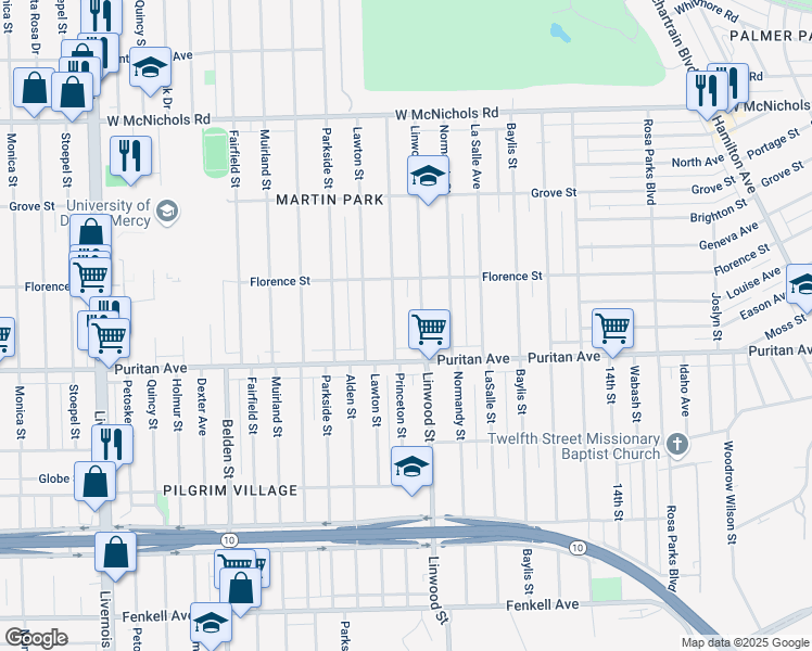 map of restaurants, bars, coffee shops, grocery stores, and more near 16152 Princeton Street in Detroit