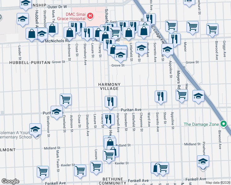 map of restaurants, bars, coffee shops, grocery stores, and more near 16204 Hartwell Street in Detroit
