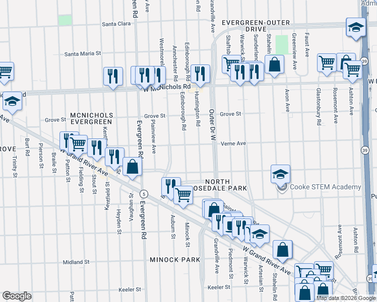 map of restaurants, bars, coffee shops, grocery stores, and more near 16575 Huntington Road in Detroit