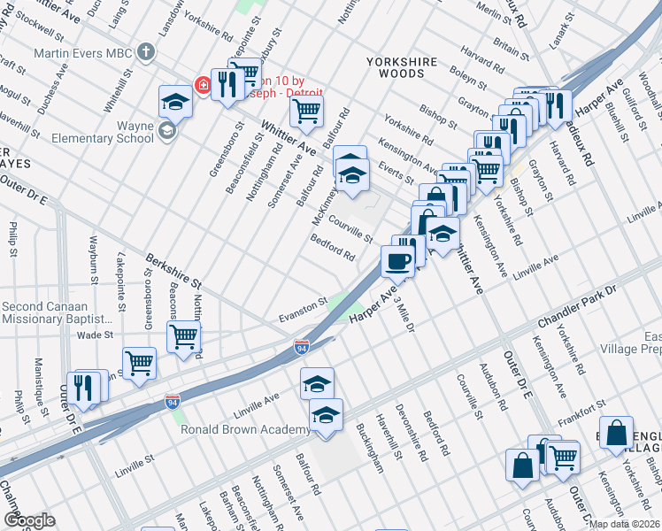 map of restaurants, bars, coffee shops, grocery stores, and more near 9169 Devonshire Road in Detroit